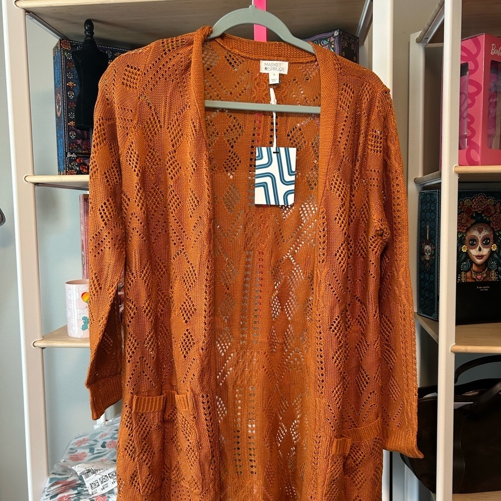 Market and Spruce orange  Open-Knit Cardigan lightweight nwt size medium
